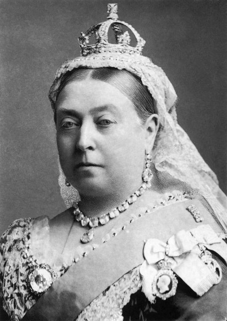 Queen Victoria dressed for the wedding of The Duke and Duchess of Albany by Alexander Bassano, 1882.
