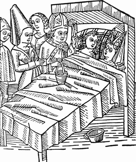 Reymont and Melusina blessed by the bishop in their bed on their wedlock, 15th-century woodcut.