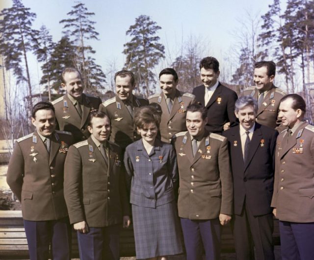 Soviet cosmonauts. Front row, from left: Vladimir Komarov, Yuri Gagarin, Valentina Tereshkova, Andrian Nikolayev, Konstantin Feoktistov, Pavel Belyaev. Second row: Alexei Leonov, German Titov, Valery Bykovsky, Boris Yegorov, and Pavel Popovich. Star City. Photo by: RIA Novosti archive, i / Alexander Mokletsov / CC-BY-SA 3.0