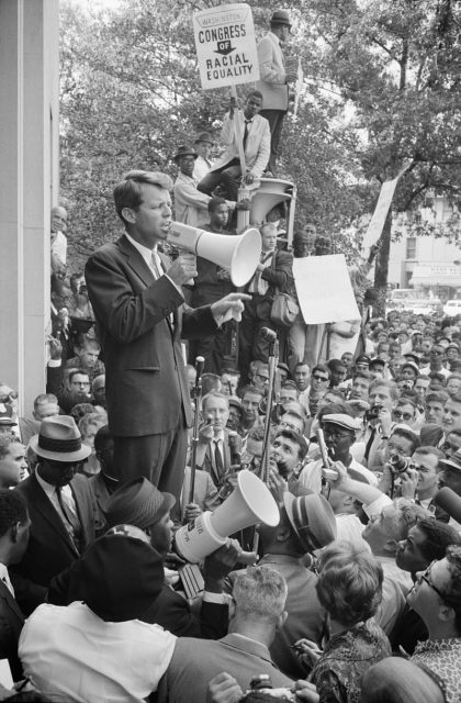 Robert Kennedy speaking to civil rights demonstrators in front of the Justice Department on June 14, 1963