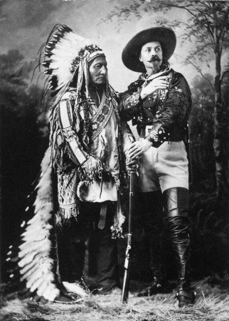 Sitting Bull and Buffalo Bill Cody in Montreal, Quebec during Buffalo Bill’s Wild West Show, 1885.