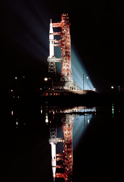 Skylab 3’s Saturn IB at night, July 1973.