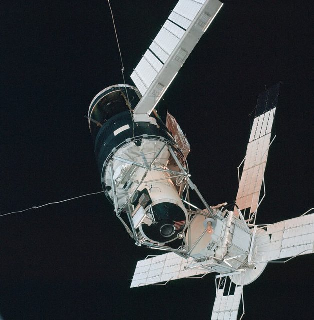 Skylab in orbit in 1973 as flown, docking ports in view.