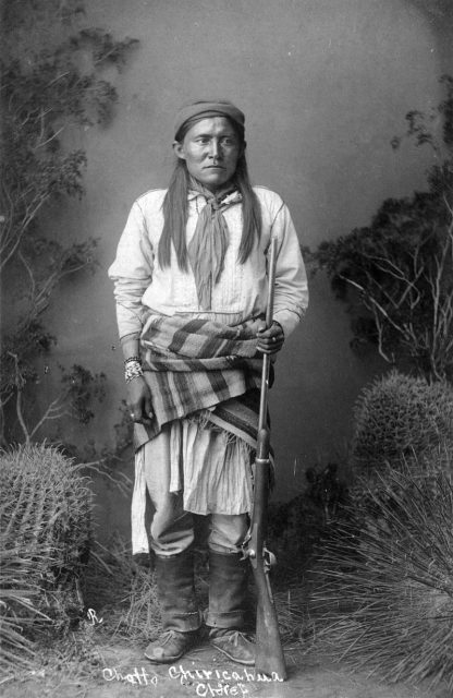 Full studio photo-portrait of Chatto, a Chiricahua Apache.