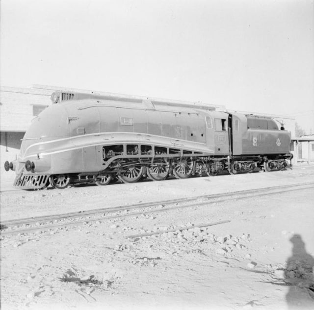 The Iraqi Steamliner used by the British Army in the Middle East in 1943. The locomotive operated on the Baghdad-Mosul line.