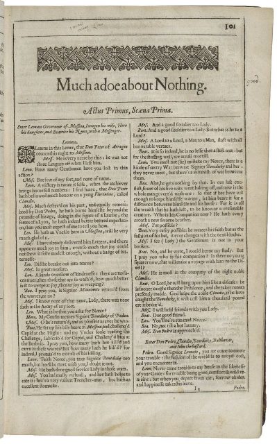 The first page of Much Ado About Nothing, printed in the Second Folio of 1632. Photo by Max Cowper –CC BY-SA 4.0