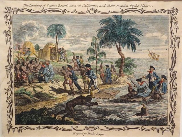 The Landing of Captain Roger’s men at California, and their reception by the Natives, by Charles Grignion the Elder, c. 1770, engraved for Drake’s Voyages – Oakland Museum of California