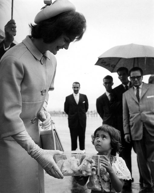 U.S. First Lady and style icon Jacqueline Kennedy arrives in Venezuela, 1961.