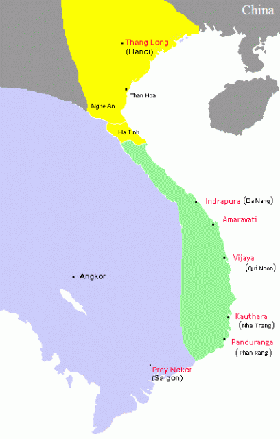 The territory of Champa circa 1000–1100, depicted in green, lay along the coast of present-day southern Vietnam. To the north (in yellow) lay Đại Việt; to the west (in blue), Angkor. Photo by CGlassey, CC-BY 2.5