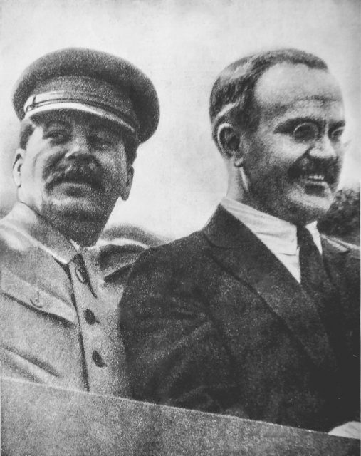 Vycheslav Molotov (Skrybin), Chairman of the Council of People’s Commissars (Prime Minister), and Joseph Stalin.