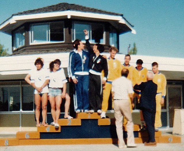 Finswimming relay medals podium at World Games I in 1981. Photo by Jeff In Ca CC BY-SA 4.0