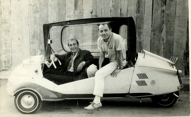 Turkish writer Yılmaz Onay (left) and actor Erol Keskin in a Messerschmitt, 1968, Photo by Yılmaz Onay, CC BY-SA 3.0