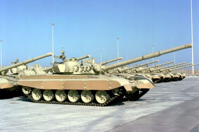 An image from 1992 showing the Kuwaiti M-84 main battle tanks. The tanks were made in Yugoslavia, and were transferred to Saudi Arabia for Operation Desert Shield. They were returned to Kuwait after the country’s liberation from Iraqi forces.