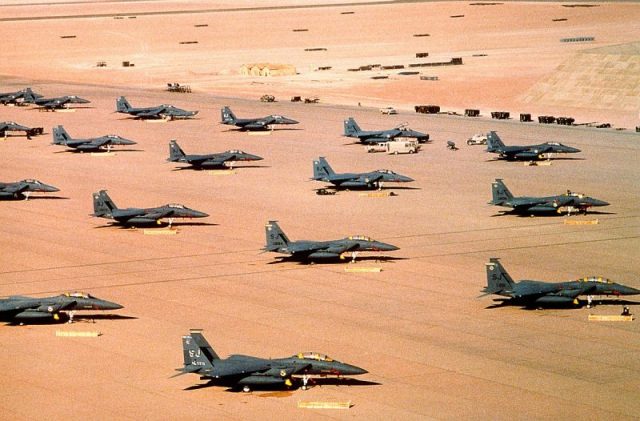 A fleet of F-15Es parked during Operation Desert Shield in 1992.