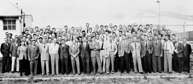 Group photograph of German rocket scientists at Fort Bliss, Texas, in 1946. Wernher von Braun, Ludwig Roth, and Arthur Rudolph are also in the photo.