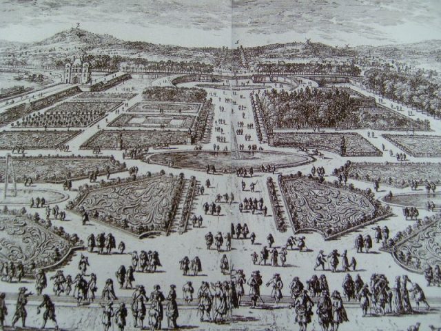 Tuileries Garden of Le Nôtre in the 17th century, looking west toward the future Champs Élysées, engraving by Perelle.