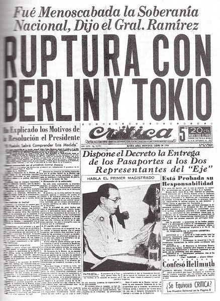 A cover page of “Crítica” sharing the news of a diplomatic break of Argentina with Berlin and Tokyo, 1944.