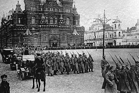 Bolshevik forces marching on the Red Square.