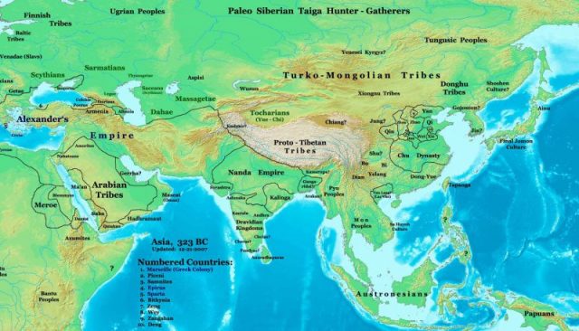 Asia in 323 BC, showing the Massagetae located in Central Asia. Photo by Talessman CC BY 3.0