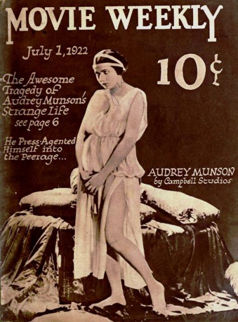 Actress and model Audrey Munson on the cover of the July 1, 1922 Movie Weekly, from a still from the American film Heedless Moths (1921).