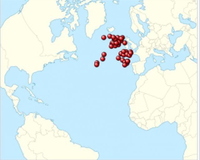 Locations of the 55 ships sunk by U-48 during her career. Photo byTentotwo CC BY-SA 3.0