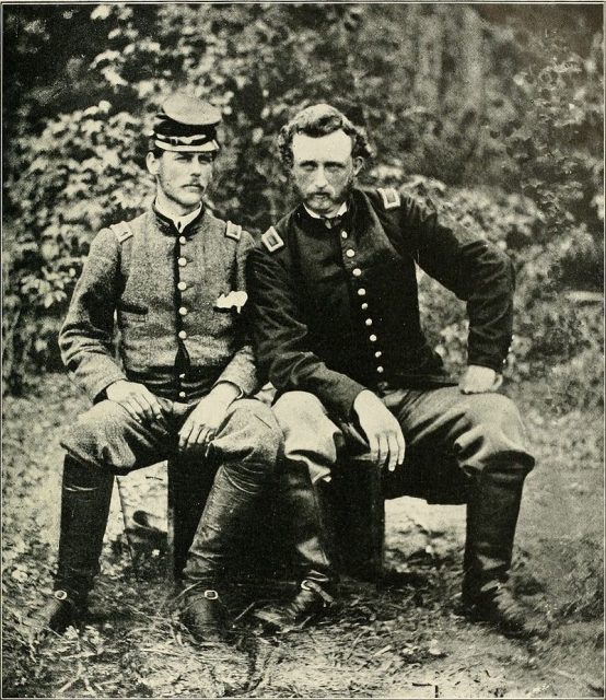 Custer with ex-classmate, friend, and captured Confederate prisoner, Lieutenant James Barroll Washington, an aide to General Johnston, at Fair Oaks, Virginia, 1862.