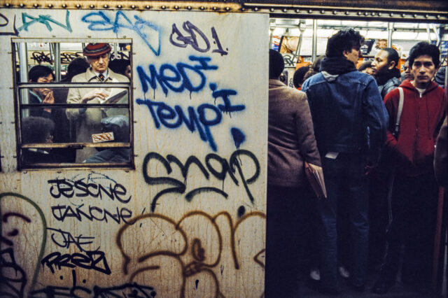 Commuters on a subway train in New York City, USA, circa 1980. (Photo Credit: Barbara Alper/Getty Images)