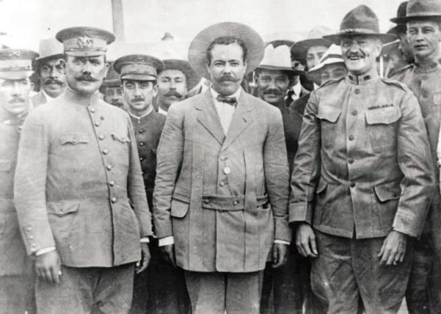 Generals Obregon, Villa and Pershing meet at Ft Bliss, TX (1). Immediately behind Pershing on the left is his aide Lt. George S. Patton.