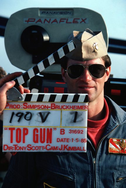 Filming of the movie “Top Gun” at Naval Air Station Miramar, California, in 1985. Here, a real U.S. naval aviator assists film makers in the production of the motion picture.