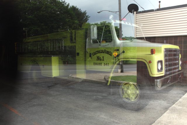 Fire engine inside municipal building