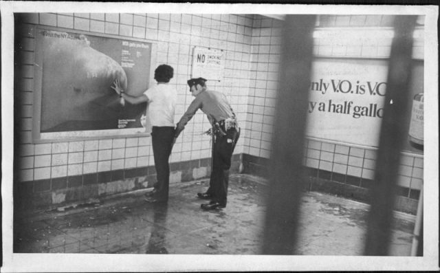 An officer checks a suspect at Liberty Avenue Station; subway crime was high in the area. July 30, 1974. (Photo by Vernon Shibla/New York Post Archives /(c) NYP Holdings, Inc. via Getty Images)