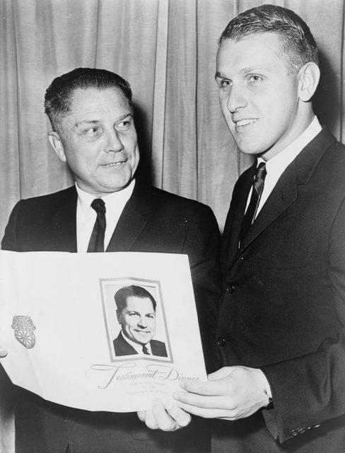 Hoffa (left) with son James P. Hoffa in 1965.