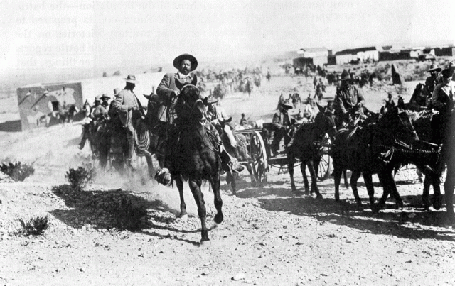 Iconic image of Villa in Ojinaga, a publicity still taken by Mutual Film Corporation photographer John Davidson Wheelan in January 1914