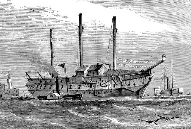 Paddle steamers, 19th century illustration.