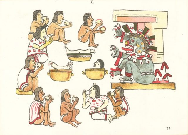 A scene depicting the Aztec god Mictlantecuhtli and ritualistic cannibalism in prehispanic Mesoamerica, depicted in the Codex Magliabechiano.