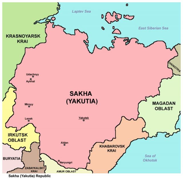 Map of the Republic of Sakha (Yakutia), Russian Federation.