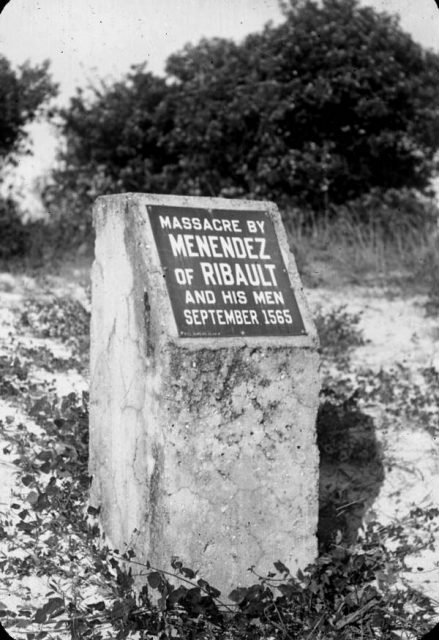 Marker at Fort Matanzas National Monument showing the location where Jean Ribault and his men were slaughtered by Pedro Menéndez de Avilés in September 1565. Glass negative.