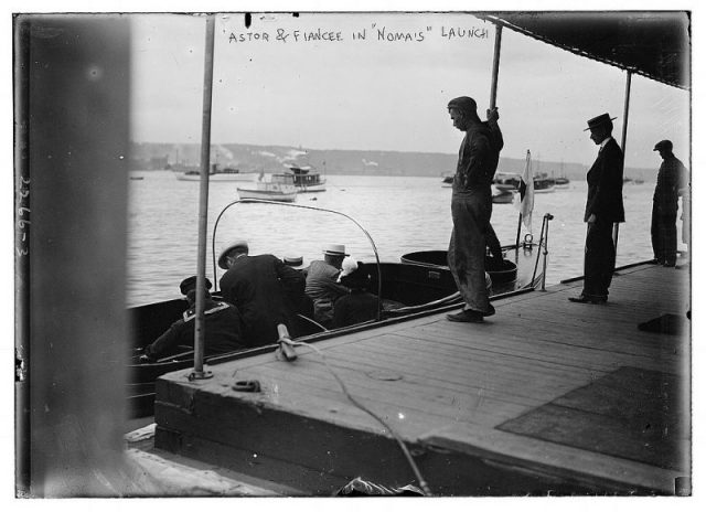 John Jacob Astor IV (1864-1912) and fiancee Madeleine Talmage Force (1893-1940) in a launch going to the Astor yacht Noma.