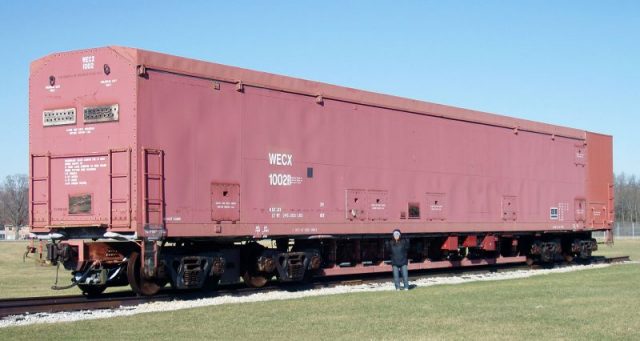 This 87 foot railcar, painted as an ordinary Westinghouse railcar (one of the contractors), was a prototype built to carry and launch a single, nuclear-tipped LGM-118A. Photo by Gregory J Kingsley –CC BY-SA 3.0