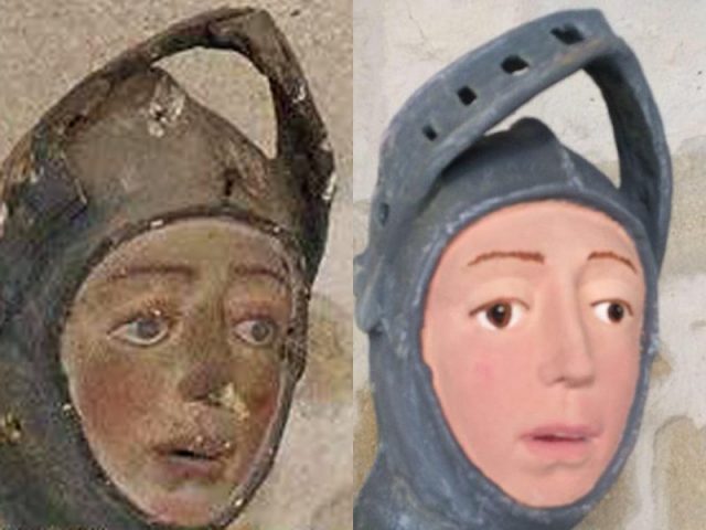 The effigy before and after restoration. Photo by Julio Asuncion-ArtUs Restauración Patrimonio
