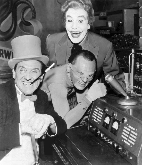 Publicity photo of some of the villians from Batman. From left: The Penguin – Burgess Meredith, The Riddler – Frank Gorshin, and The Joker – Cesar Romero.