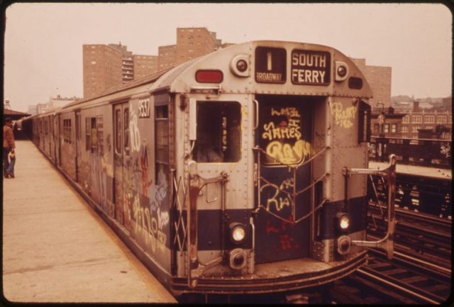 Graffiti on subway train, 1973.
