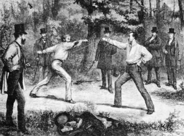 The Code Of Honor – a duel in the Bois De Boulogne, near Paris. Wood engraving by Godefroy Durand, Harper’s Weekly, January 1875.