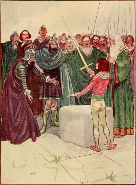 Arthur pulls the sword from the stone in an early-20th century illustration.