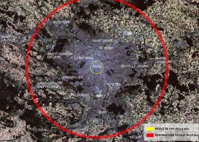 Total destruction radius, superimposed on Paris. Photo by Bourrichon CC BY SA 3.0