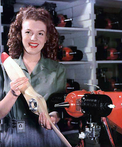 U.S. army – June 26, 1945. YANK magazine photo (colorized version) of Marilyn Monroe as Norma Jeane Dougherty.