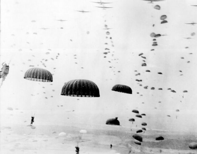 Waves of paratroopers land in the Netherlands during Operation Market Garden in September 1944.