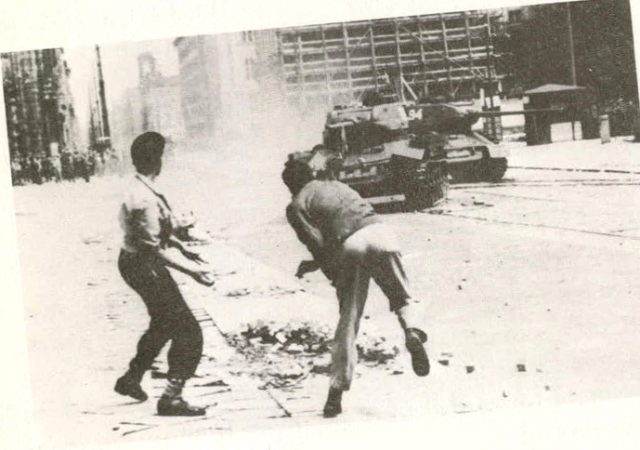 June 1953. East Berliners throw rocks at Soviet tanks during workers’ revolt. Photo from the booklet “CIA Analysis of the Warsaw Pact Forces: The Importance of Clandestine Reporting.”