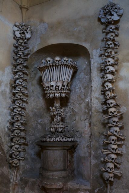 Kutna Hora, Czech Republic – August 24, 2017. Bone decoration of Sedlec ossuary in Kutna Hora.