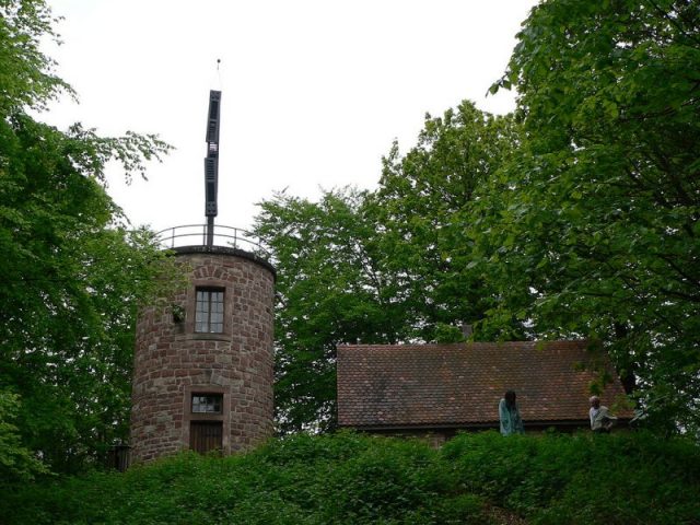 A Chappe semaphore tower near Saverne, France. Photo by Hans-Peter Scholz Ulenspiegel CC BY-SA 2.0 de